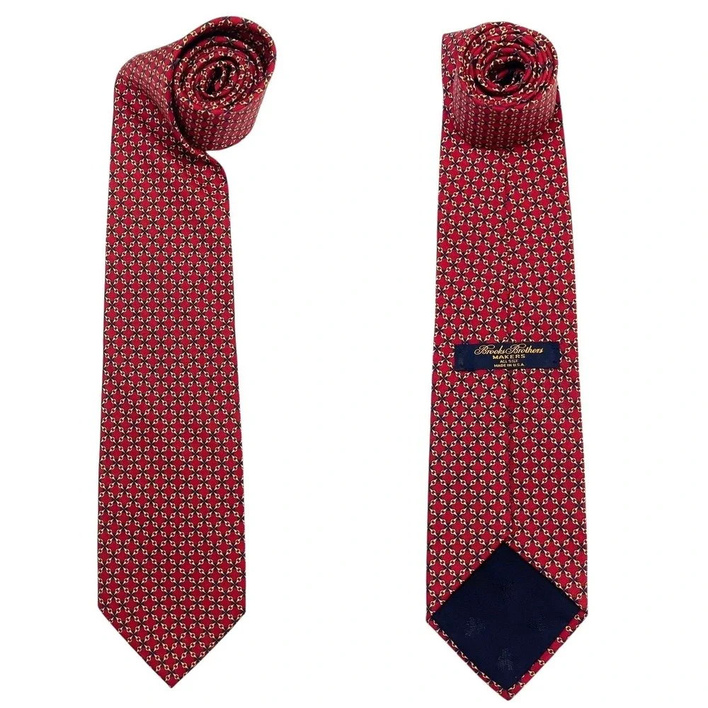 VTG Brooks Brothers Makers Silk Tie Geometric Mini Pattern Chains Red Preppy USA
